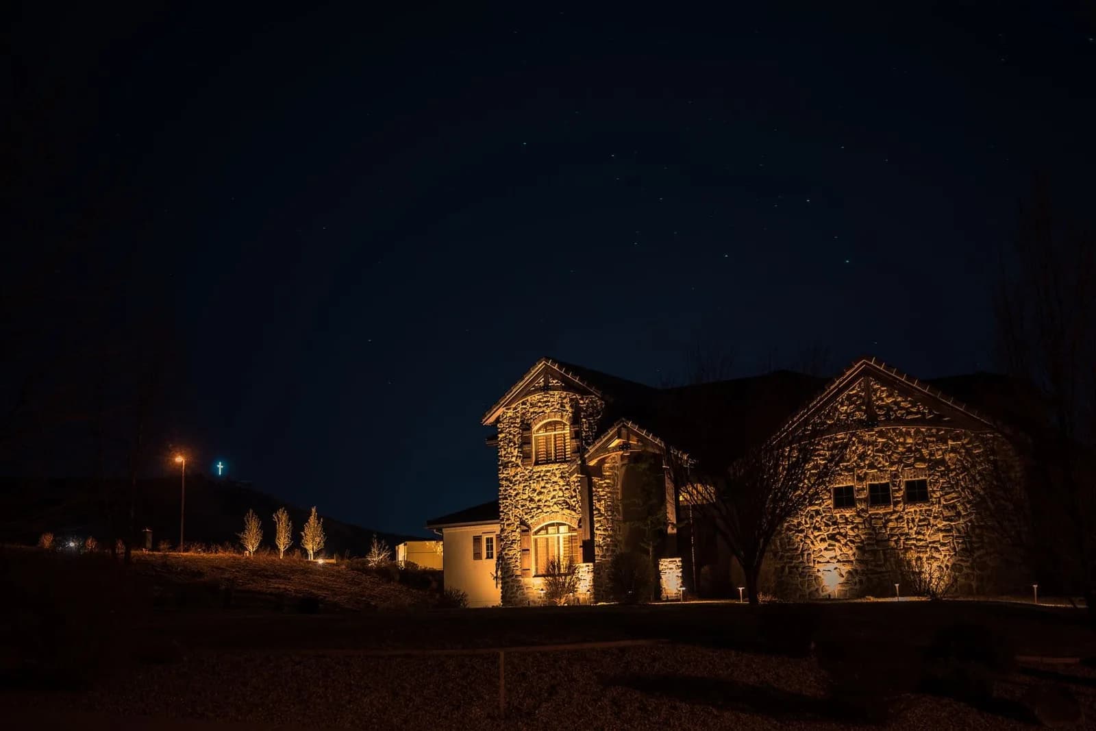 Stone Wall Wash — completed lighting after dark project by VP Landscaping